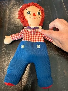 Classic Red-Head Raggaty Andy Doll Plush Toy in Blue Overalls Bean Bag Vintage